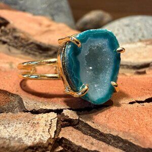 Druzy Agate Geode Stone Turquoise Blue Adjustable Gold Ring